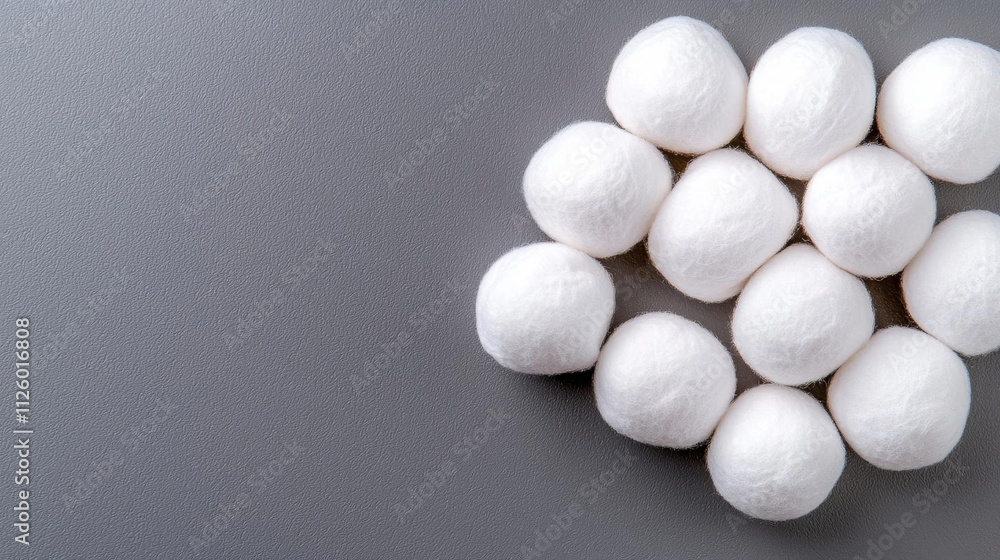 A photostock of bright white cotton balls grouped together on a clean surface, perfect for hygiene and soft product visuals. High Quality A photostock of bright white cotton balls grouped together on a clean surface, perfect for hygiene and soft product visuals. High Quality