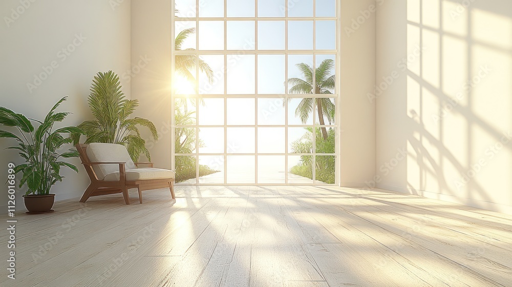 Sunlit room with armchair, plants, and large window overlooking palm trees. Sunlit room with armchair, plants, and large window overlooking palm trees.
