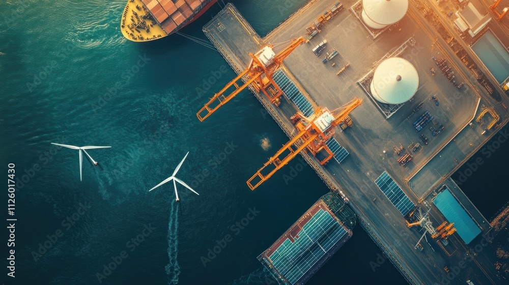 A bird's-eye view of a smart port with renewable energy sources powering cranes and hybrid cargo ships, emphasizing sustainability A bird's-eye view of a smart port with renewable energy sources powering cranes and hybrid cargo ships, emphasizing sustainability
