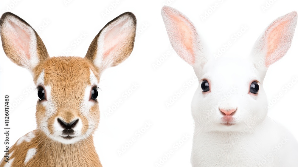 Fototapeta premium Adorable Fawn and White Rabbit Close up Portraits