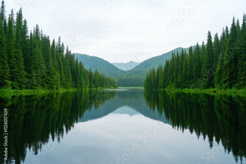 conservation wildlife policy concept. A serene lake reflects towering evergreen trees and mountains under a cloudy sky, creating a tranquil natural landscape.