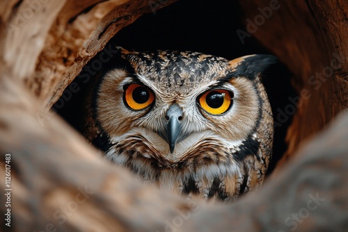 conservation wildlife policy concept. A striking close-up of an owl peering from inside a hollow tree, showcasing its vivid yellow eyes and intricate feather patterns. photo