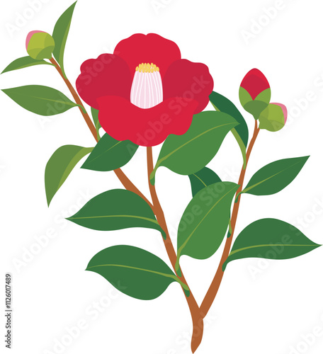 ベクター, ツバキ, つばき, 椿, 花, ボタニカル, 植物, 冬, 寒中見舞い, 寒中お見舞い, 1月, 自然, きれい, 日本, かわいい, おしゃれ, シンプル, 美しい, デザイン, ビジネス, 素材, フォーマル, コピースペース, イラスト, 葉書, 背景, ポストカード, 葉, 花びら, 綺麗, 和風, 和, 和柄, 和風イメージ, 上品, エレガント, お花, 赤, 緑
