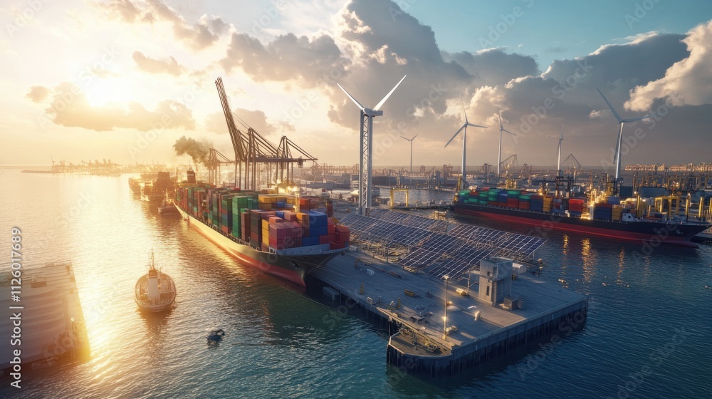 Obraz premium A bustling port with hybrid cargo ships docked, powered by wind turbines and solar panels, symbolizing green maritime logistics