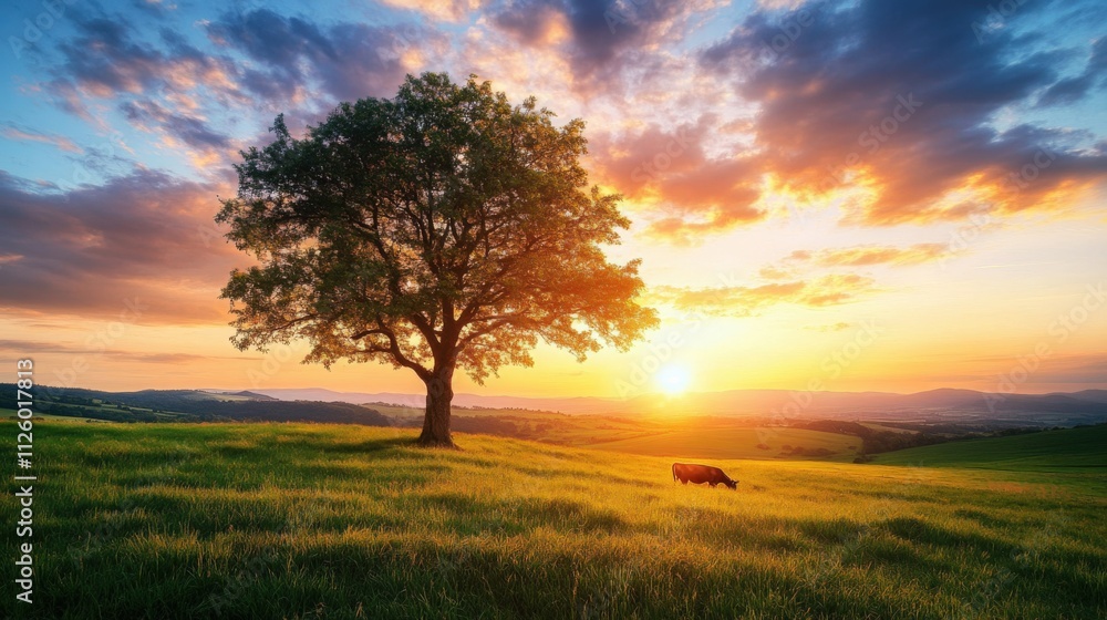 Fototapeta premium serene sunset over a grassy landscape with a tree