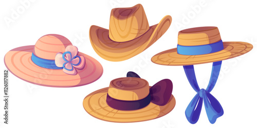 Farmer straw hat. Sun beach country cap for woman. Agriculture traditional worker clothing for man. Female fashion travel accessory with brim and bow collection. Cowboy costume symbol graphic set.