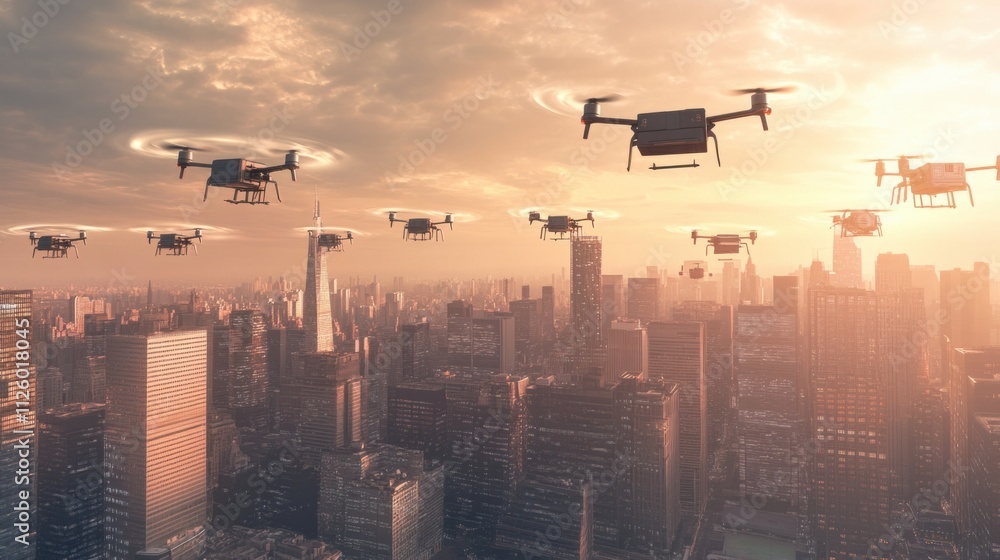 A drone swarm delivering packages across an urban skyline powered by renewable energy, representing sustainable global logistics A drone swarm delivering packages across an urban skyline powered by renewable energy, representing sustainable global logistics