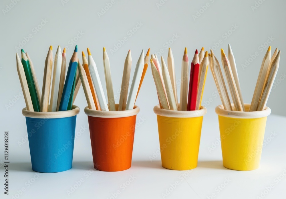 colorful pencils in pots on a simple background, various colors create a vibrant and artistic atmosphere, perfect for creativity and education purposes colorful pencils in pots on a simple background, various colors create a vibrant and artistic atmosphere, perfect for creativity and education purposes