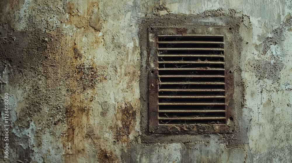Grimy air vent on weathered wall, showcasing peeling paint and dirt. texture and decay evoke sense of neglect and age, highlighting passage of time Grimy air vent on weathered wall, showcasing peeling paint and dirt. texture and decay evoke sense of neglect and age, highlighting passage of time