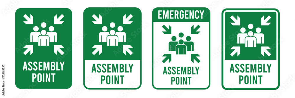 Emergency assembly point sign. Assembly point sign symbol vector illustration isolated on white background. Emergency assembly point sign. Assembly point sign symbol vector illustration isolated on white background.