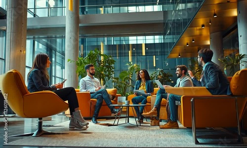 Business team meeting in a modern, spacious office lobby.