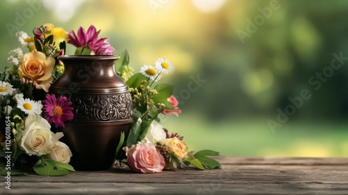 Ornate vase with diverse bouquet on wood table. photo