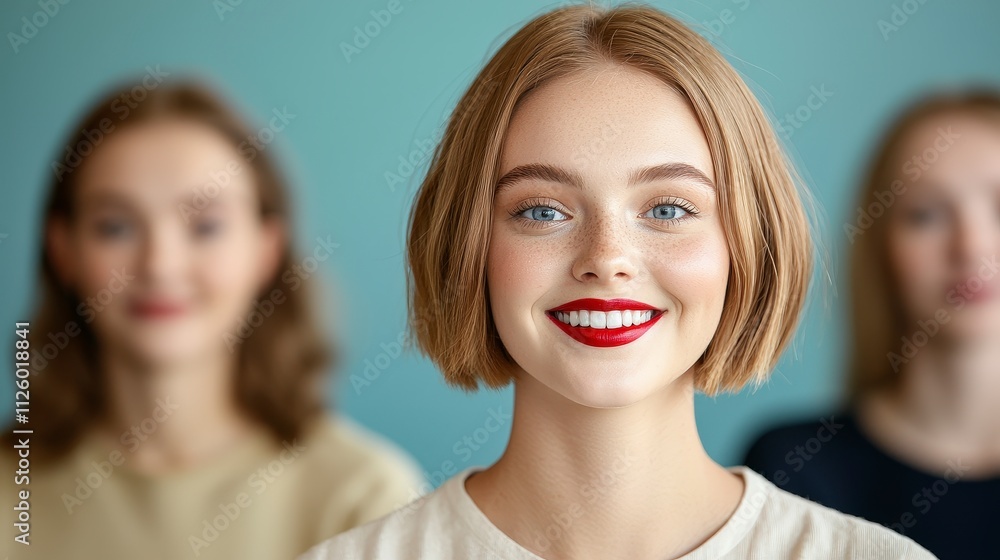 Happy Young Woman with Red Lipstick Smiling Portrait Cafe Background Happy Young Woman with Red Lipstick Smiling Portrait Cafe Background