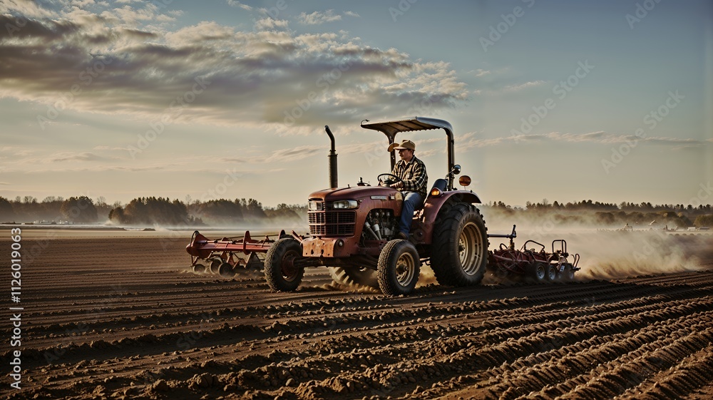 Fototapeta premium Farmer drives red tractor, plowing a brown field at sunset