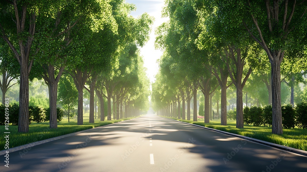 A serene tree-lined road illuminated by soft sunlight. A serene tree-lined road illuminated by soft sunlight.