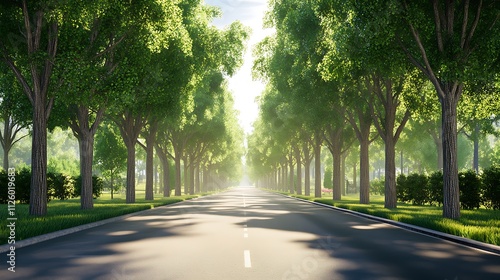 A serene tree-lined road illuminated by soft sunlight.