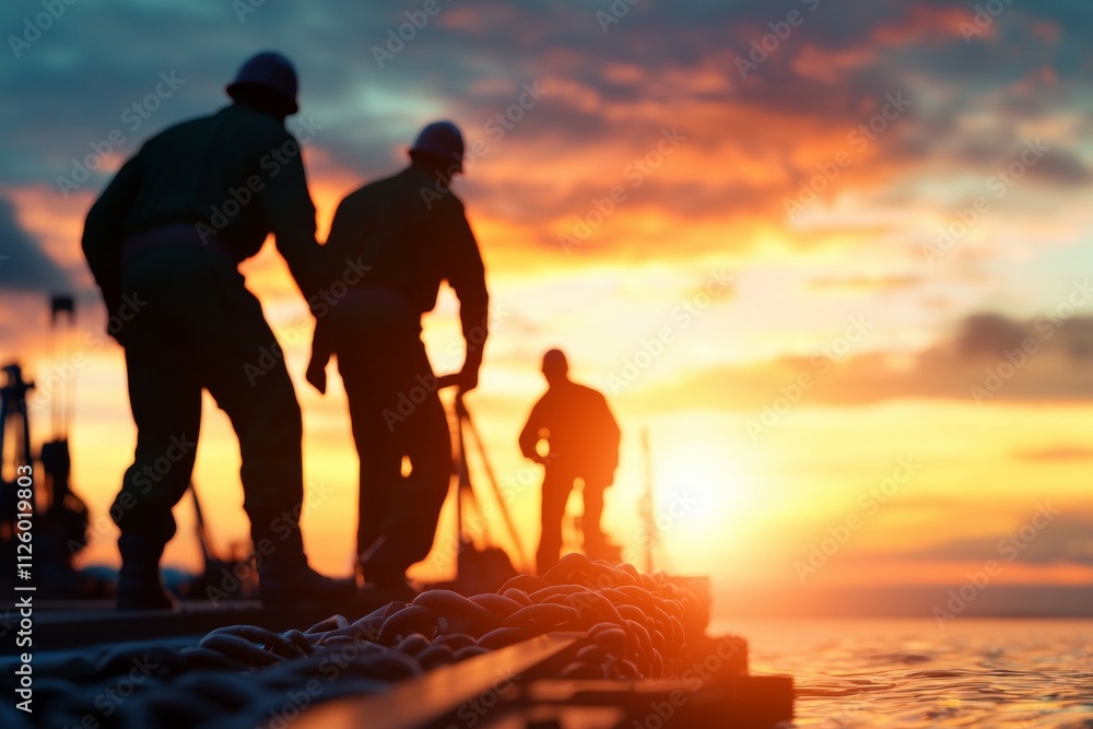 Fototapeta premium Silhouetted fishermen working at sunrise on a calm ocean shoreline