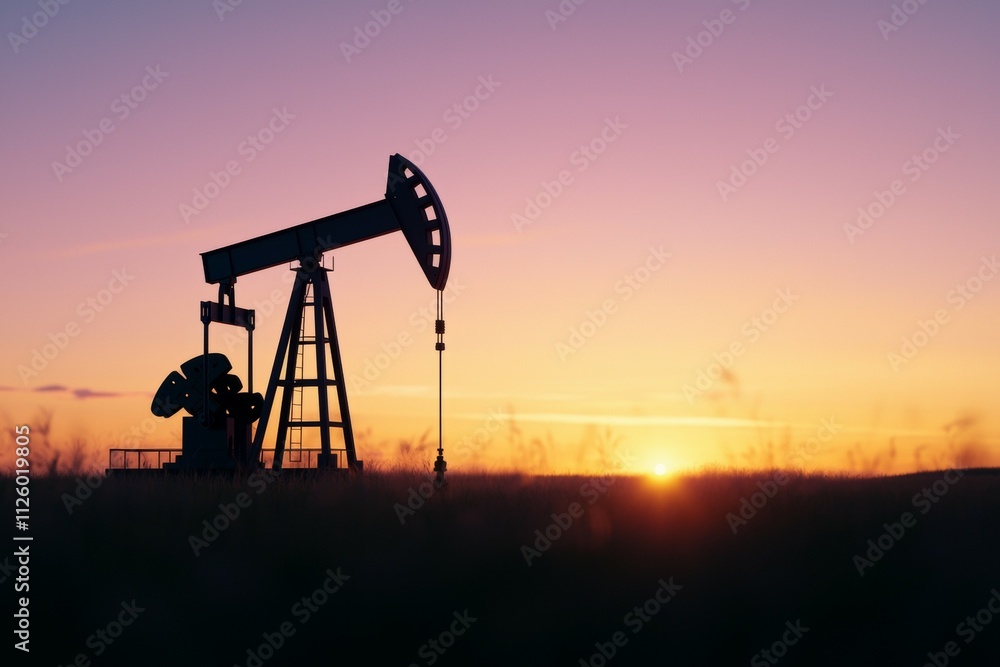 Oil pumpjack silhouette at sunset in a tranquil field Oil pumpjack silhouette at sunset in a tranquil field