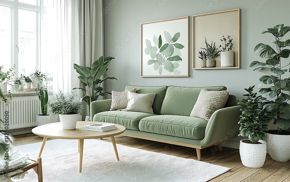 Green sofa in bright living room with plants. Green sofa in bright living room with plants.