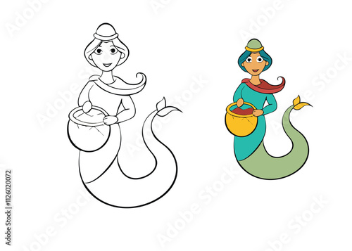 A lady snake charmer sits cross-legged with a basket, playing a flute. A cobra rises gracefully from the basket, set against a simple backdrop for easy coloring.
