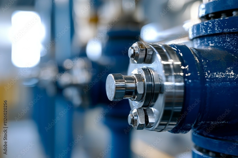 Shiny blue industrial valve close-up with metallic details in a factory setting Shiny blue industrial valve close-up with metallic details in a factory setting