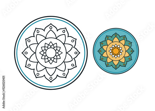 A detailed plate design featuring an intricate mandala pattern, perfect for coloring. Symmetrical shapes, floral motifs, and geometric details for creative relaxation.