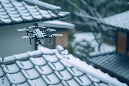 雪の積もった瓦屋根を点検するドローン photo