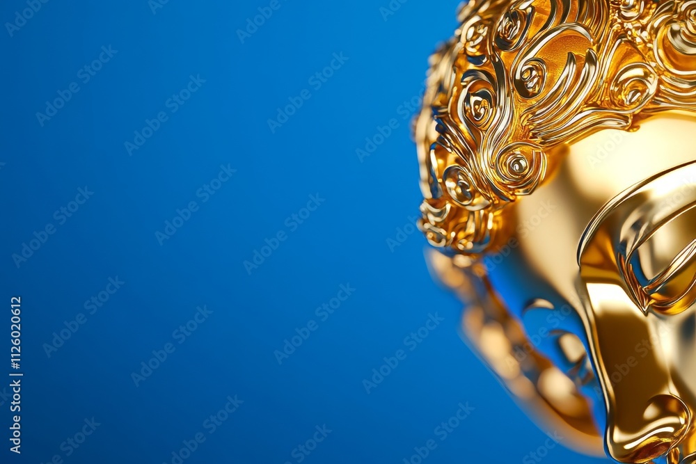 Obraz premium Golden buddha head sculpture against blue background with intricate details