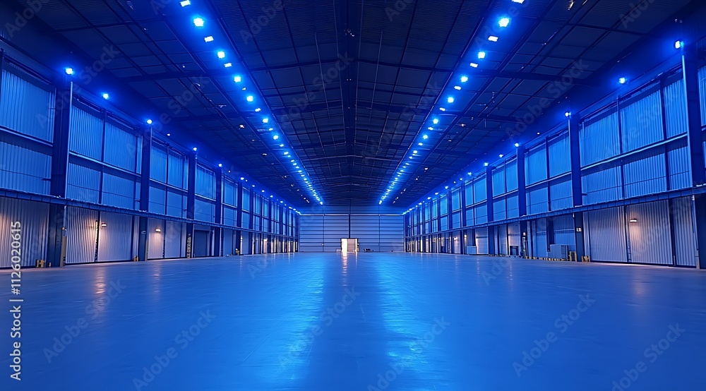 Empty warehouse interior with blue lights. (2) Empty warehouse interior with blue lights. (2)