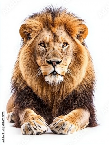 A lion is laying down on a white background