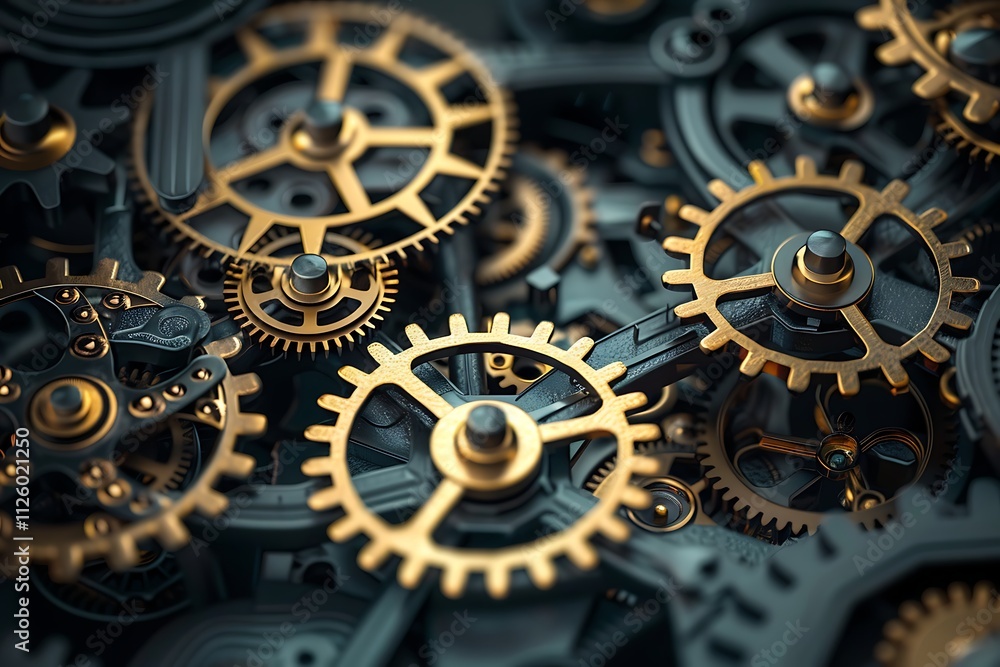 A close-up view of a complex gear mechanism, showcasing the intricate interplay of gears in dark gray and golden brass tones. A close-up view of a complex gear mechanism, showcasing the intricate interplay of gears in dark gray and golden brass tones.