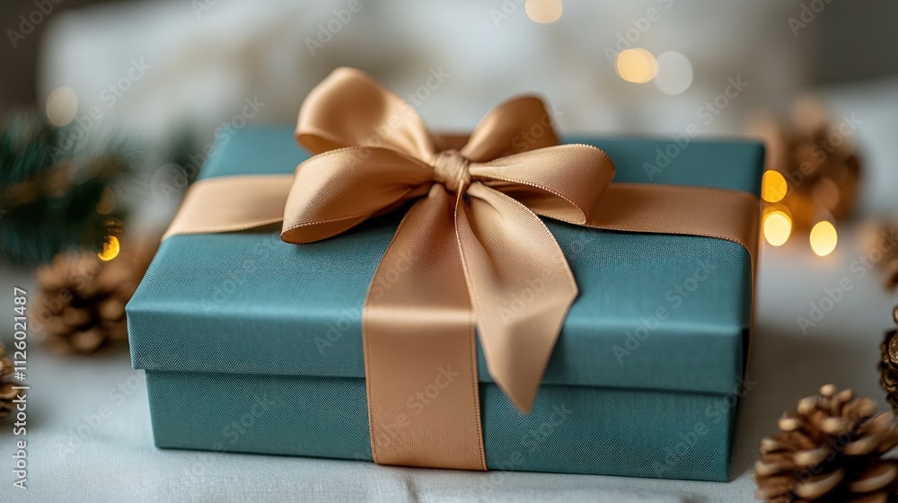 Teal gift box with gold ribbon, pine cones, bokeh lights. Teal gift box with gold ribbon, pine cones, bokeh lights.