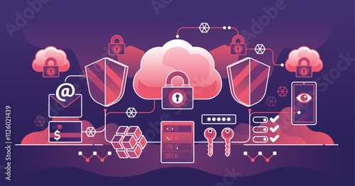 Cloud security features shields, locks, and data icons. Dark theme outline style illustration.