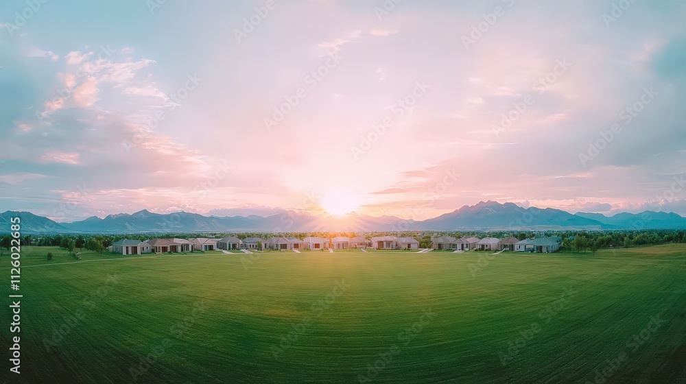 Scenic Sunset Over Suburban Homes Mountain View Aerial Shot Scenic Sunset Over Suburban Homes Mountain View Aerial Shot