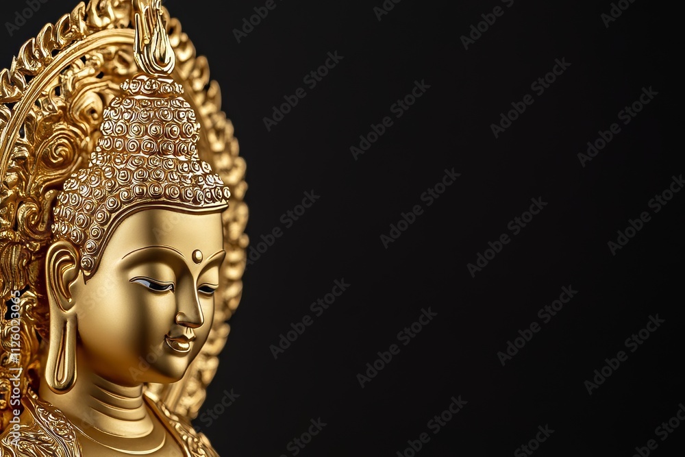 Golden buddha statue with intricate details on black background Golden buddha statue with intricate details on black background