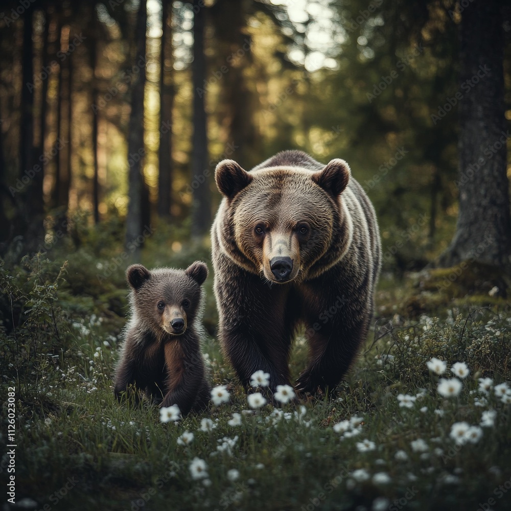 A mother bear with a cub in the forest. Brown bear (Ursus arctos) with cubs. Brown bears in Romania. A mother bear with a cub in the forest. Brown bear (Ursus arctos) with cubs. Brown bears in Romania.
