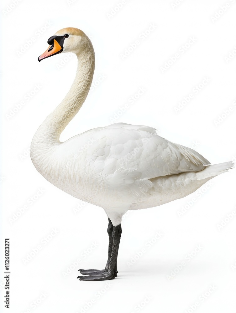 A white swan standing on a white background A white swan standing on a white background