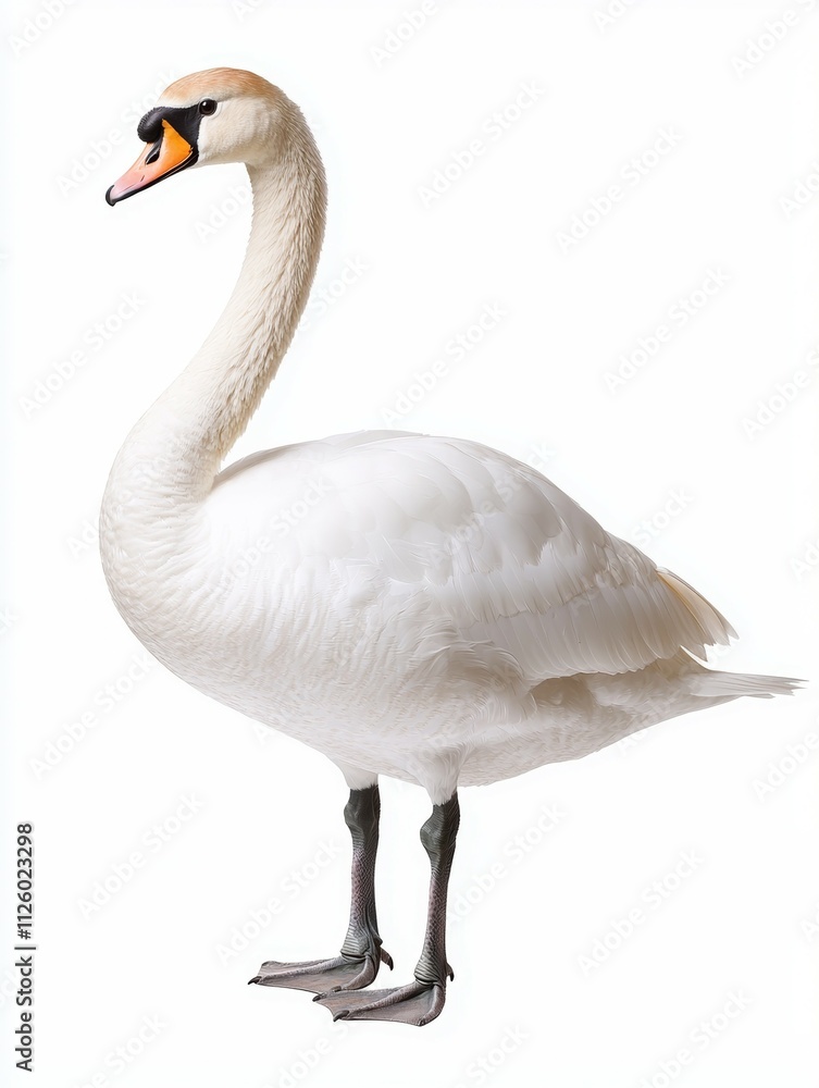 A white swan standing on a white background A white swan standing on a white background