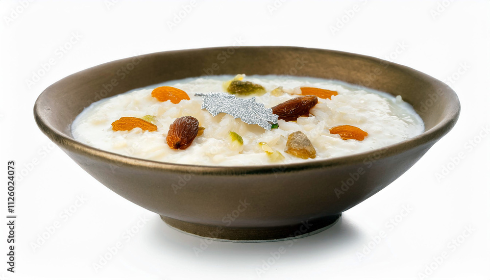 Delicious Kheer Rice Pudding with Raisins Almonds in Bowl Delicious Kheer Rice Pudding with Raisins Almonds in Bowl