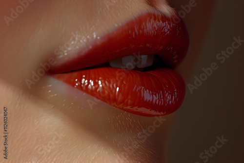 Close-up of a woman�s lips, showcasing a glossy red lipstick finish, highlighting soft textures and subtle shine. photo