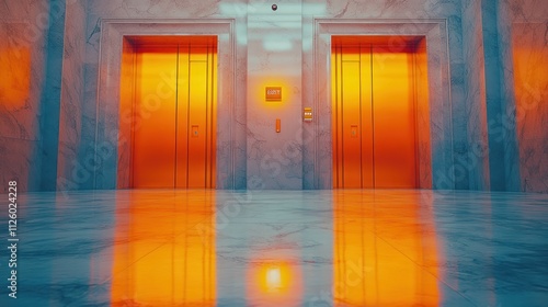 Two glowing elevator doors in marble lobby.