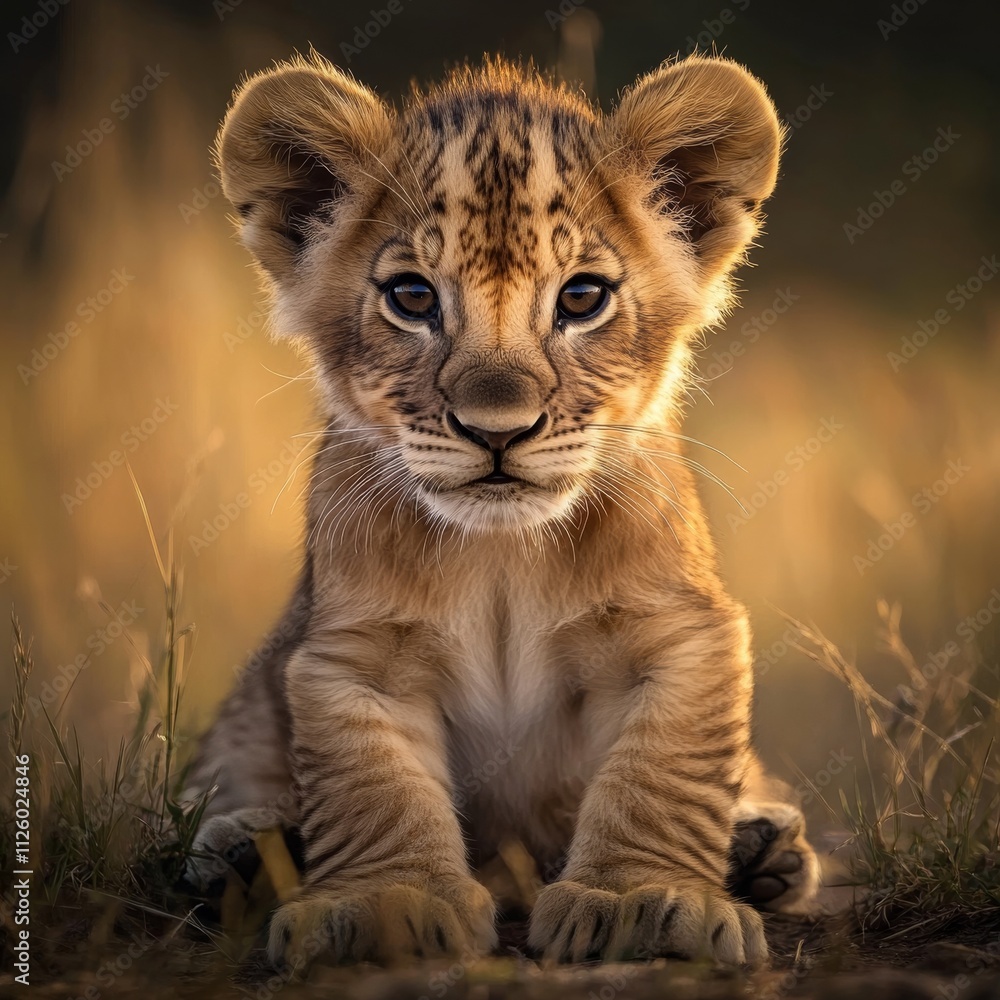 Obraz premium Photoshoot of a little lion. Lion cub. Beautiful funny lion.