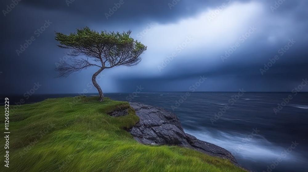 Lone Tree on Dramatic Coastal Cliff Stormy Ocean Seascape Lone Tree on Dramatic Coastal Cliff Stormy Ocean Seascape