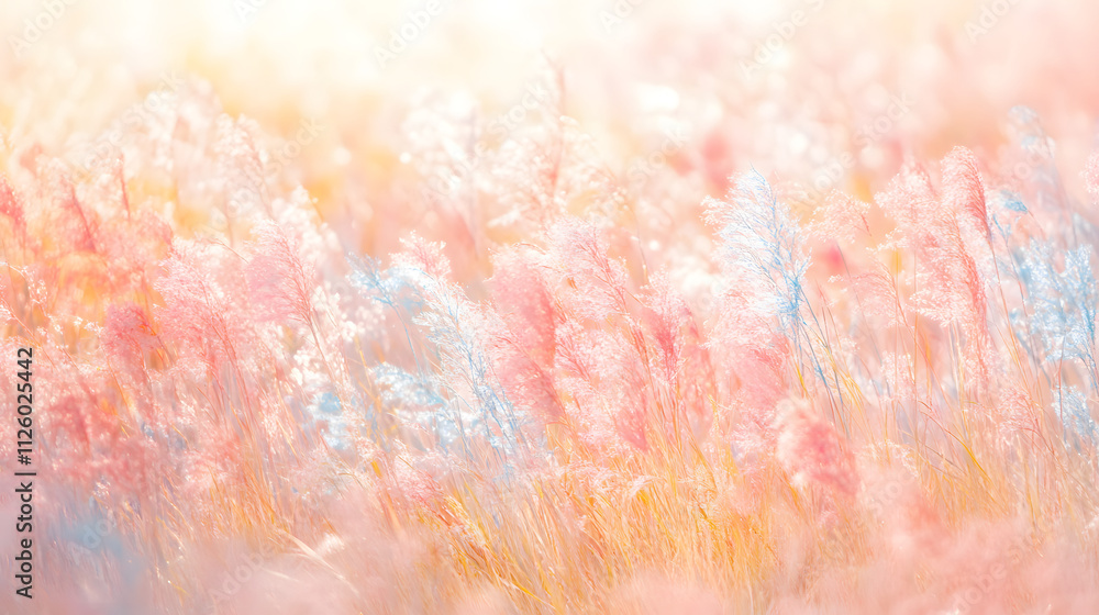 Springtime Meadow with Patches of Pink, Yellow, and Light Blue Grass Springtime Meadow with Patches of Pink, Yellow, and Light Blue Grass