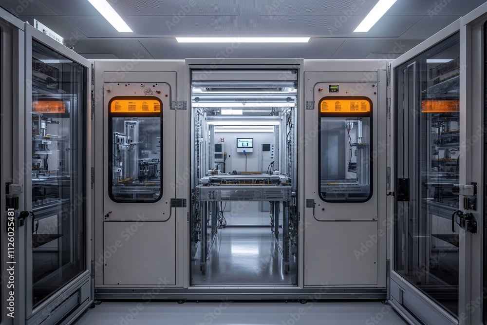 Cleanroom with advanced machinery and equipment. Illustrates high-tech manufacturing or research facility. Cleanroom with advanced machinery and equipment. Illustrates high-tech manufacturing or research facility.