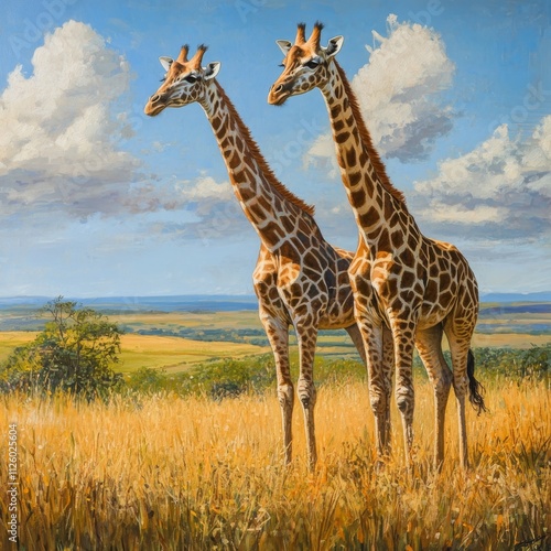 Two giraffes are standing tall on top of a dry grass field with air ballon, their long necks reaching high as they survey the landscape