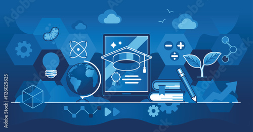 EdTech concept with digital learning tools like tablet, globe, and books. Dark theme outline style illustration.