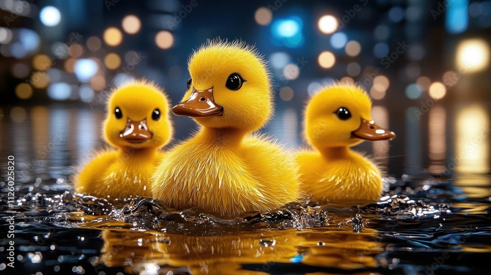 A retro-futuristic scene with a family of ducks waddling through a pond. High Quality A retro-futuristic scene with a family of ducks waddling through a pond. High Quality