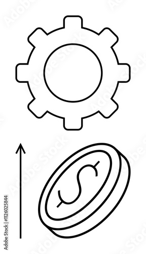 Gear coin with dollar sign upward arrow. Ideal for financial growth, mechanization, industry, business, investment, progress, development. Line metaphor