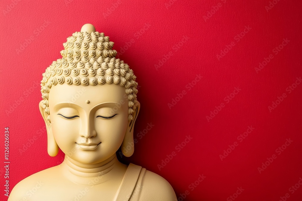 Tranquil buddha sculpture on vibrant red background Tranquil buddha sculpture on vibrant red background